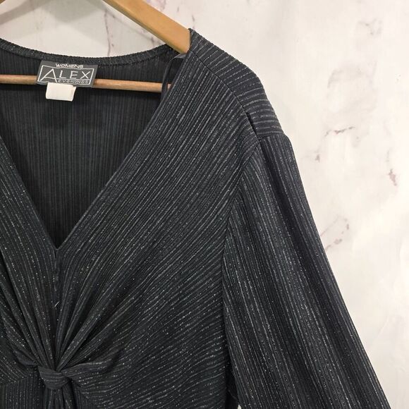 Alex Evening Shirt Womens 2X Black Short Sleeve Blouse Twist Glitter Sparkle - Picture 11 of 12